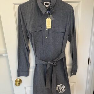 Mud Pie Chambray Monogrammed Shirt Dress with Waist Tie